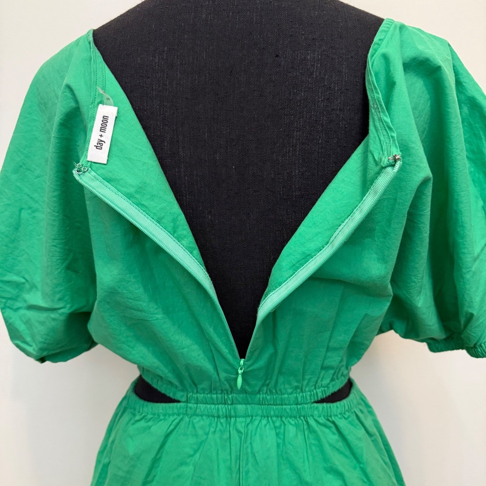 Day + Moon Green Cutout Puff Sleeve Romper Cotton Women S Summer Shorts Playsuit - Picture 6 of 9
